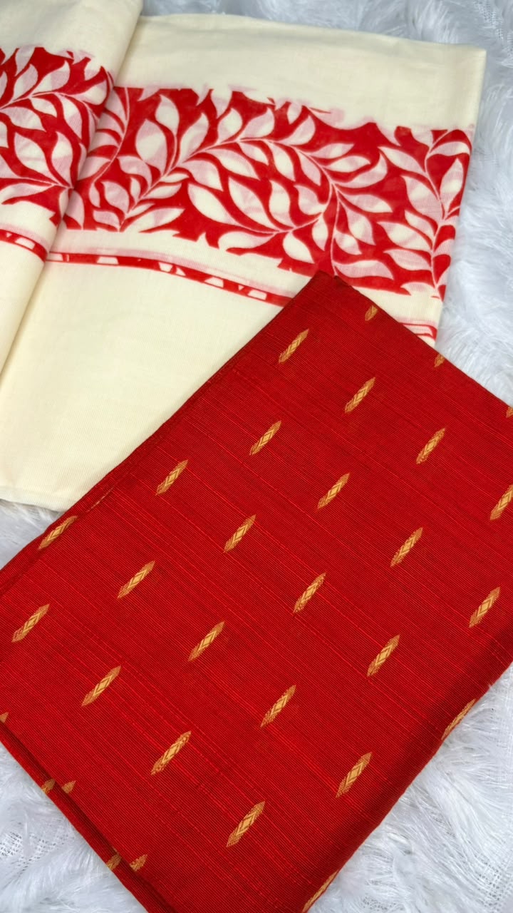 Maithili – Kerala Set Mundu with Red Leaf Motif Border & Blouse