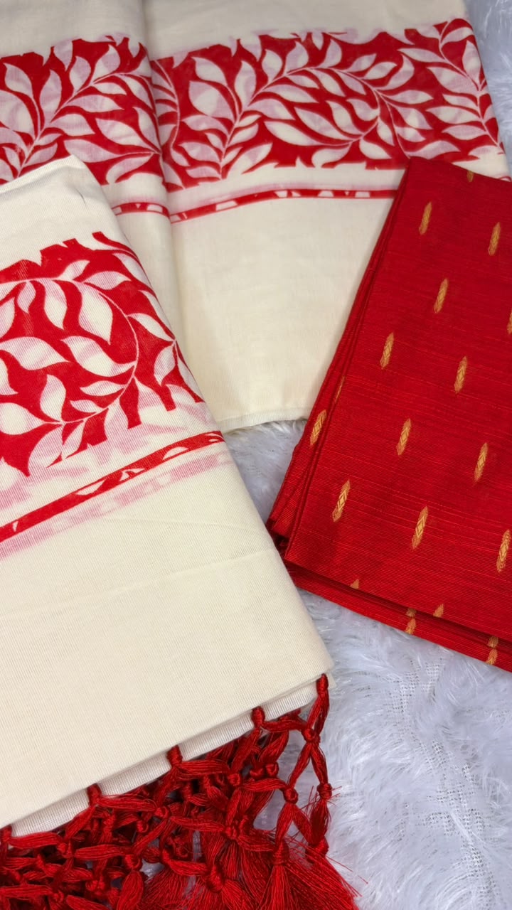 Maithili – Kerala Set Mundu with Red Leaf Motif Border & Blouse