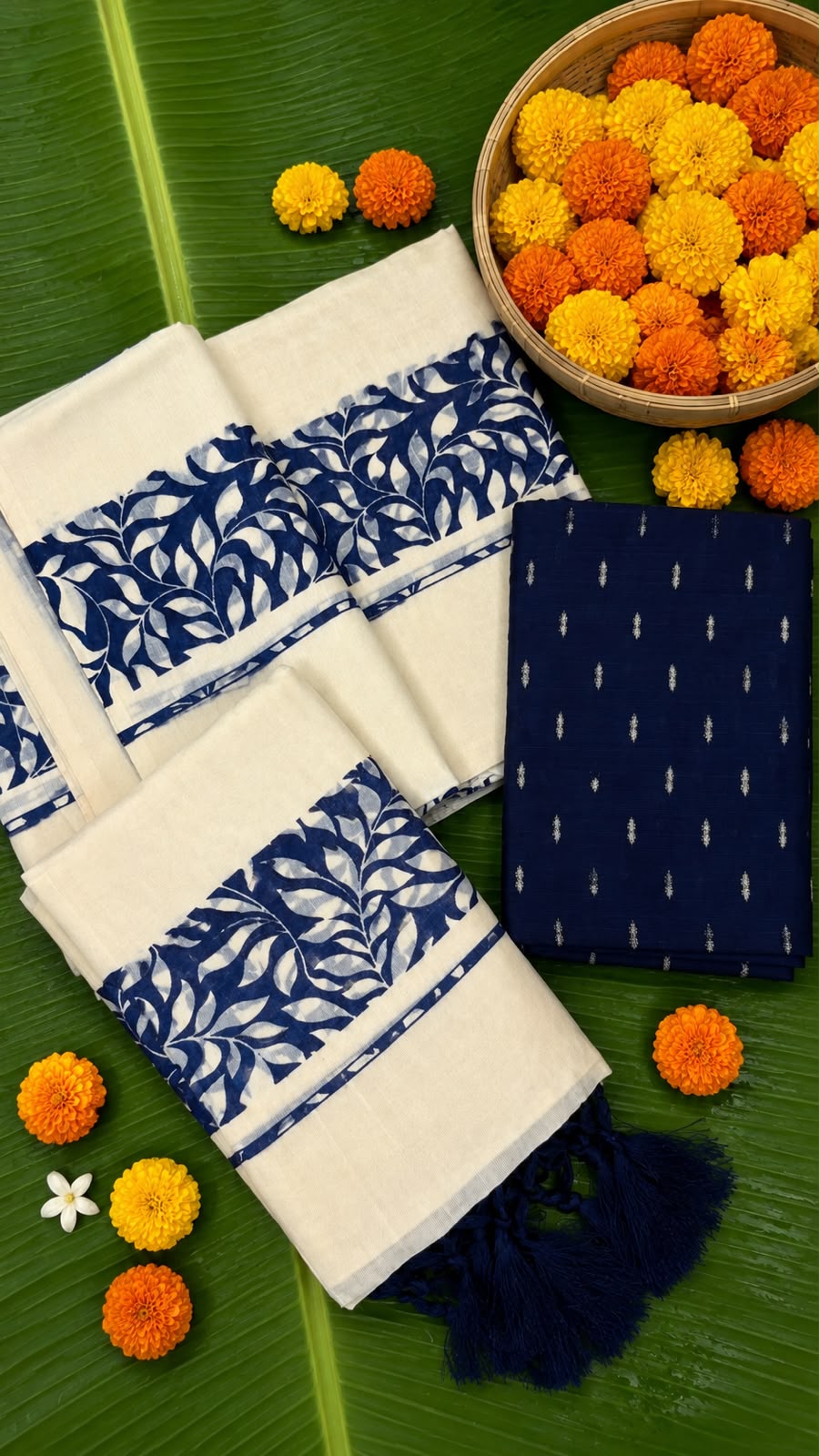 Indira – Kerala Set Mundu with Indigo Leaf Motif Border & Blouse