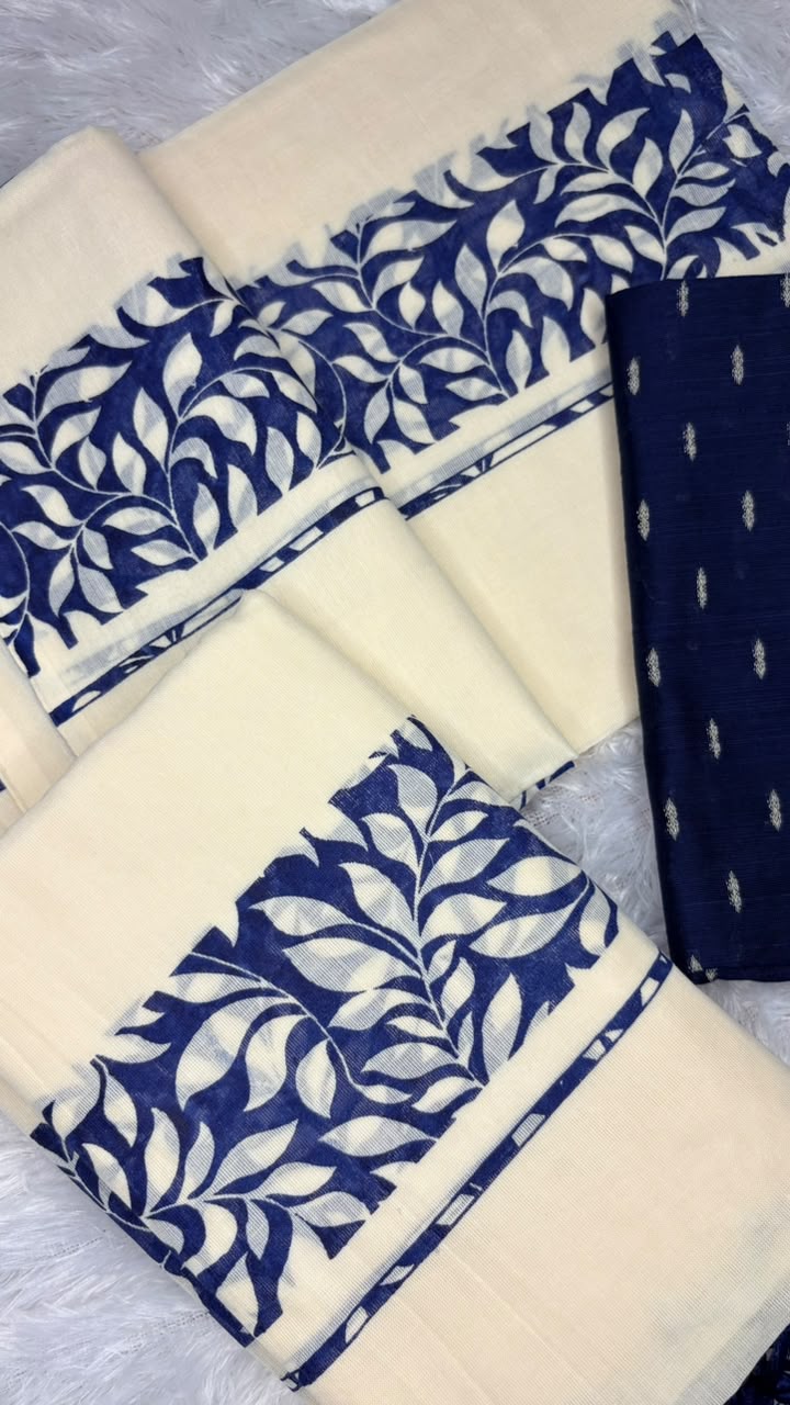 Indira – Kerala Set Mundu with Indigo Leaf Motif Border & Blouse