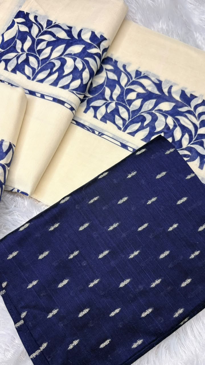 Indira – Kerala Set Mundu with Indigo Leaf Motif Border & Blouse