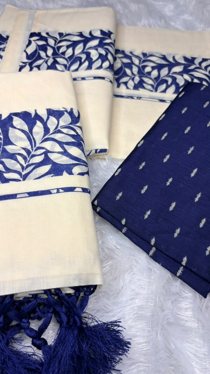 Indira – Kerala Set Mundu with Indigo Leaf Motif Border & Blouse