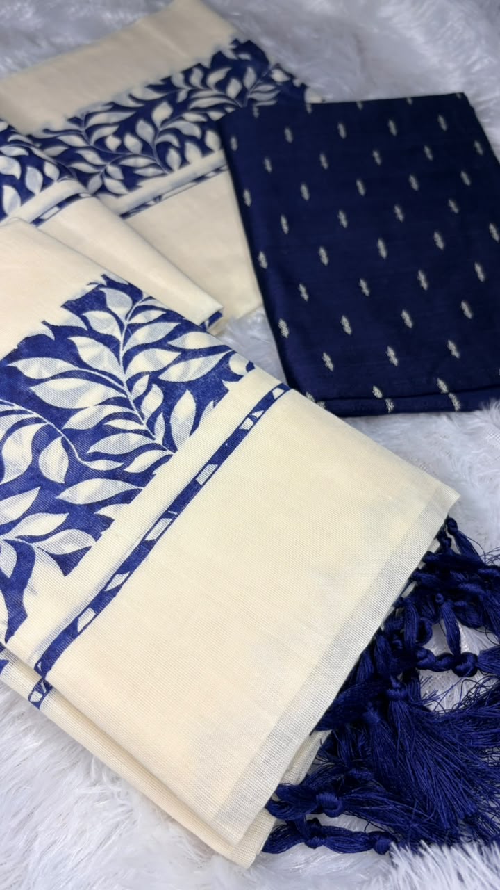 Indira – Kerala Set Mundu with Indigo Leaf Motif Border & Blouse