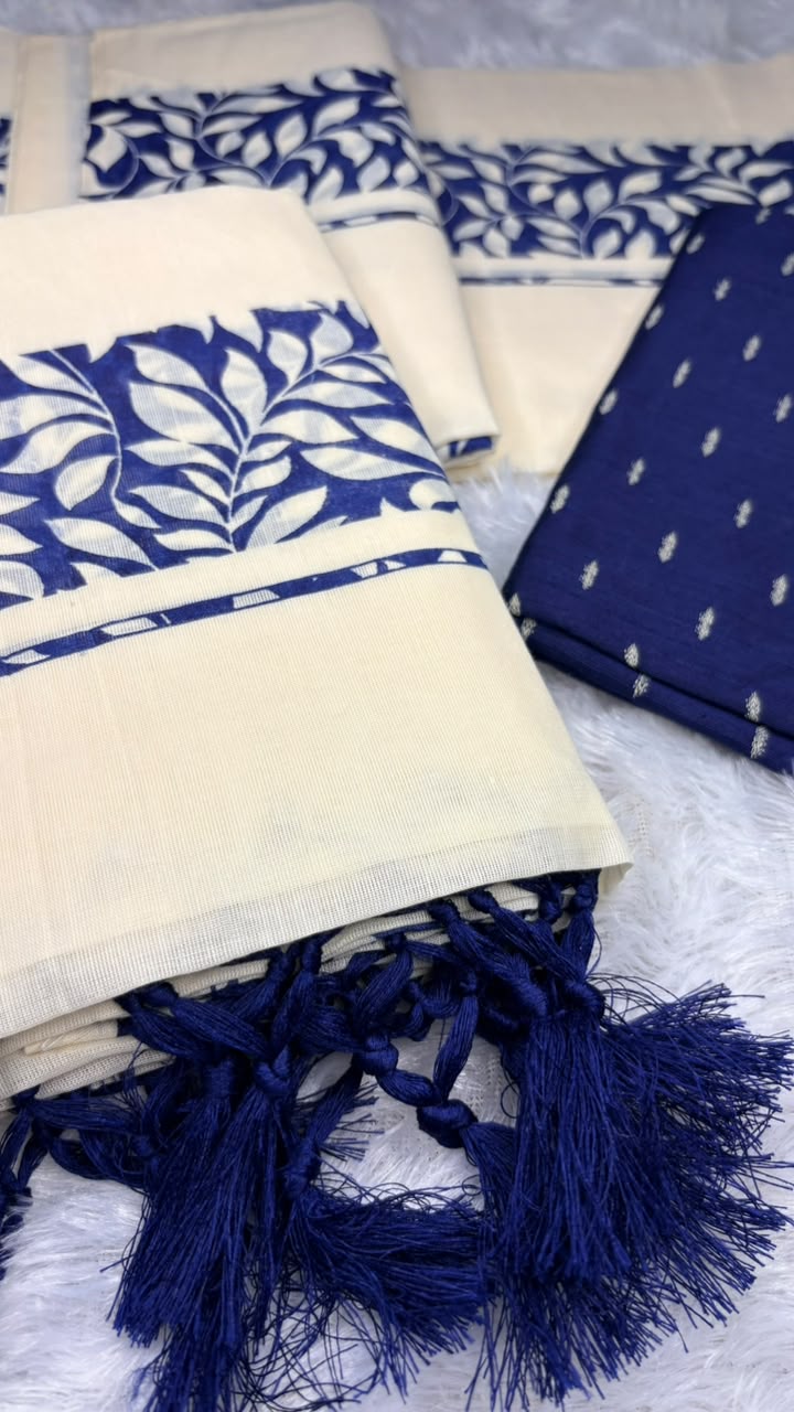 Indira – Kerala Set Mundu with Indigo Leaf Motif Border & Blouse