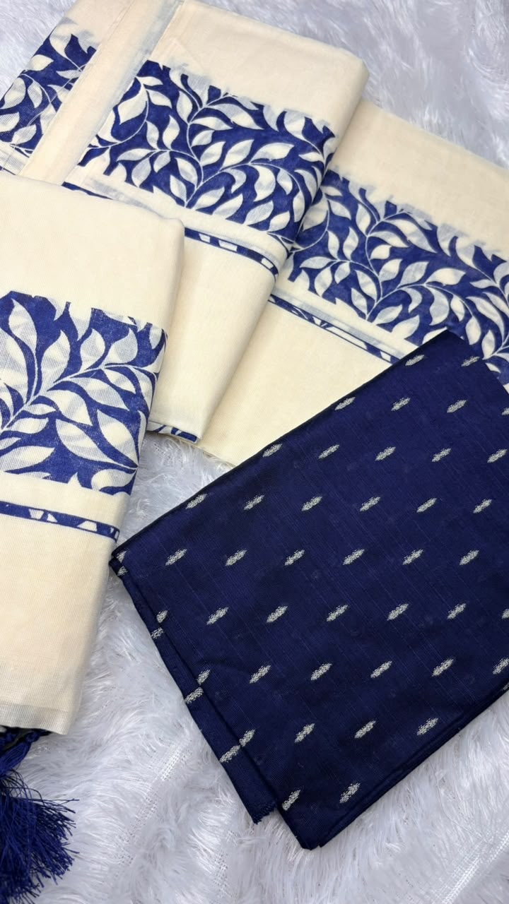Indira – Kerala Set Mundu with Indigo Leaf Motif Border & Blouse