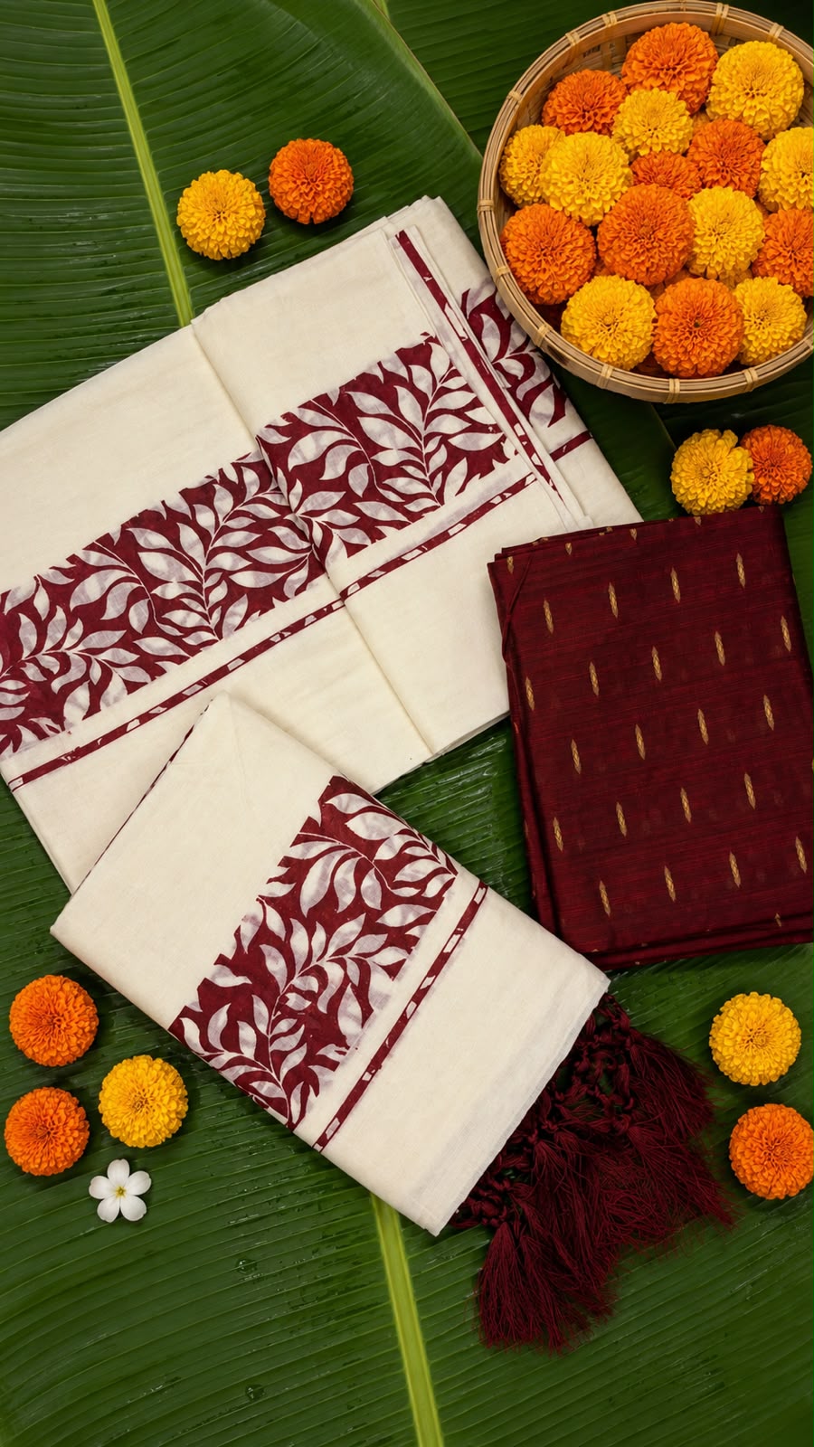 Manaswini – Kerala Set Mundu with Maroon Leaf Motif Border & Blouse