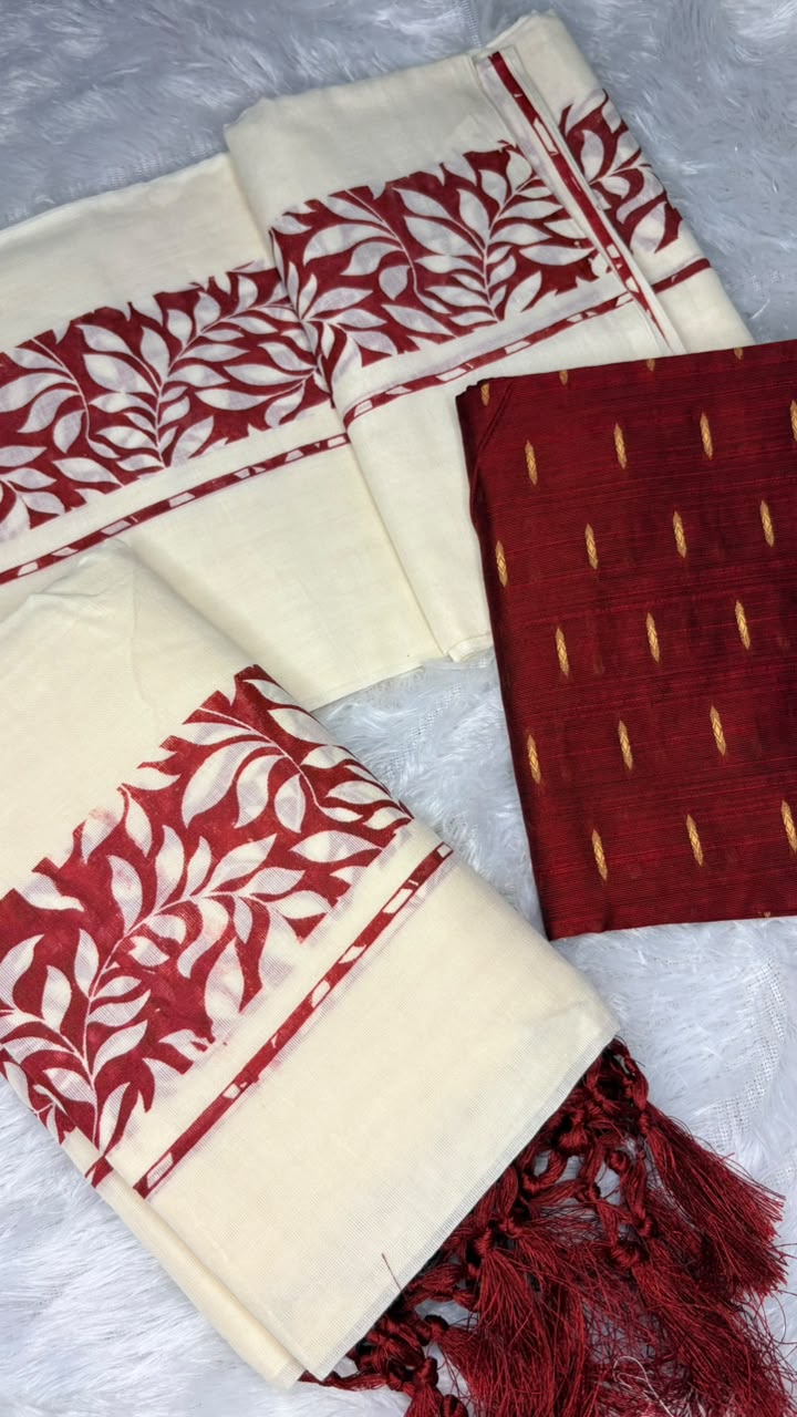 Manaswini – Kerala Set Mundu with Maroon Leaf Motif Border & Blouse