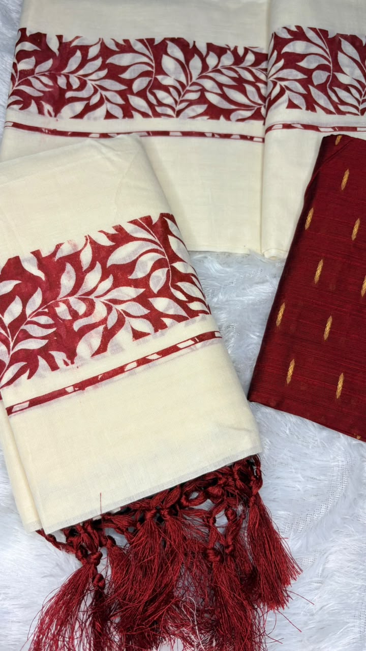 Manaswini – Kerala Set Mundu with Maroon Leaf Motif Border & Blouse