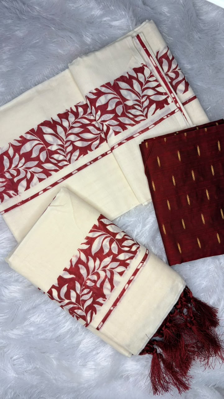 Manaswini – Kerala Set Mundu with Maroon Leaf Motif Border & Blouse