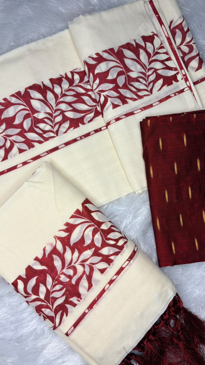 Manaswini – Kerala Set Mundu with Maroon Leaf Motif Border & Blouse