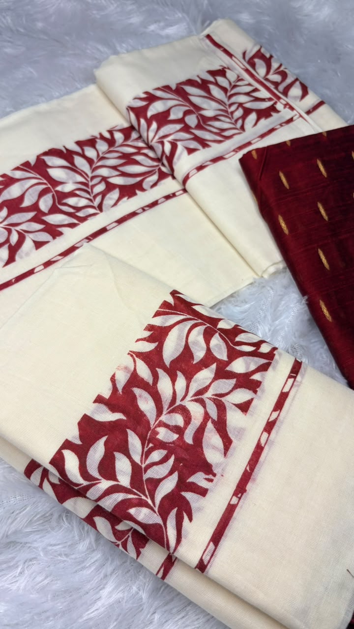 Manaswini – Kerala Set Mundu with Maroon Leaf Motif Border & Blouse