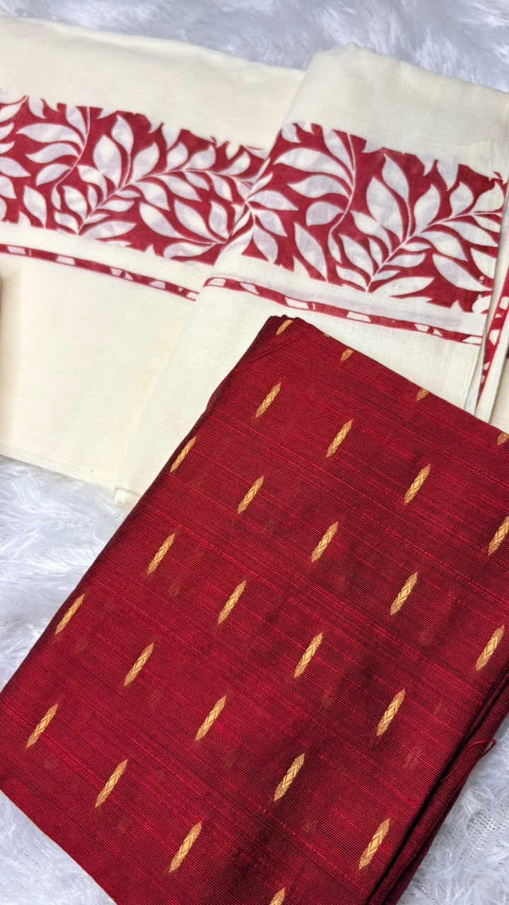 Manaswini – Kerala Set Mundu with Maroon Leaf Motif Border & Blouse