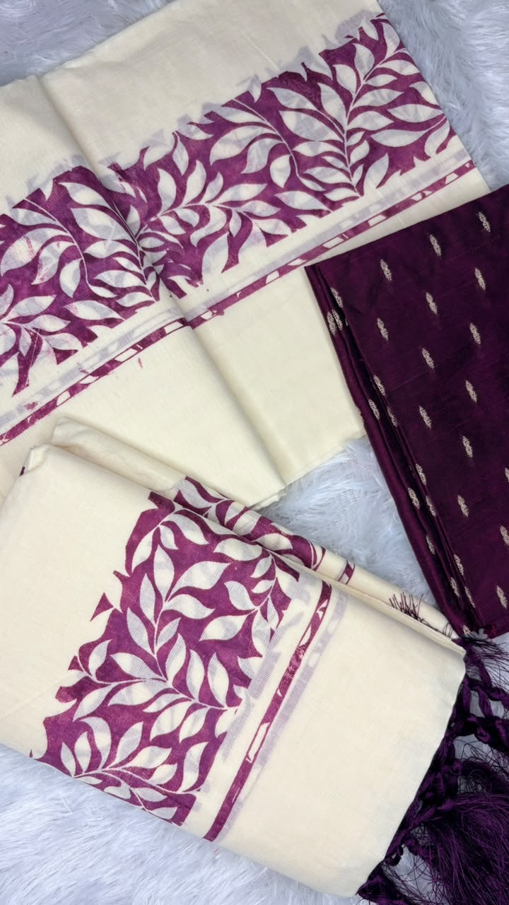 Samyuktha – Kerala Set Mundu with Purple Leaf Motif Border & Blouse