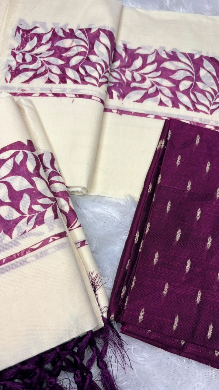 Samyuktha – Kerala Set Mundu with Purple Leaf Motif Border & Blouse