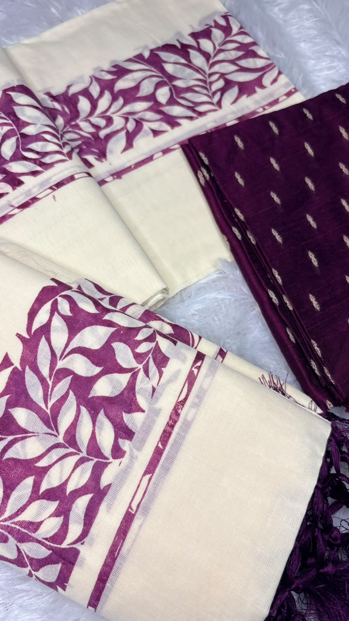 Samyuktha – Kerala Set Mundu with Purple Leaf Motif Border & Blouse