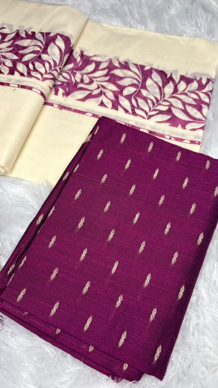 Samyuktha – Kerala Set Mundu with Purple Leaf Motif Border & Blouse