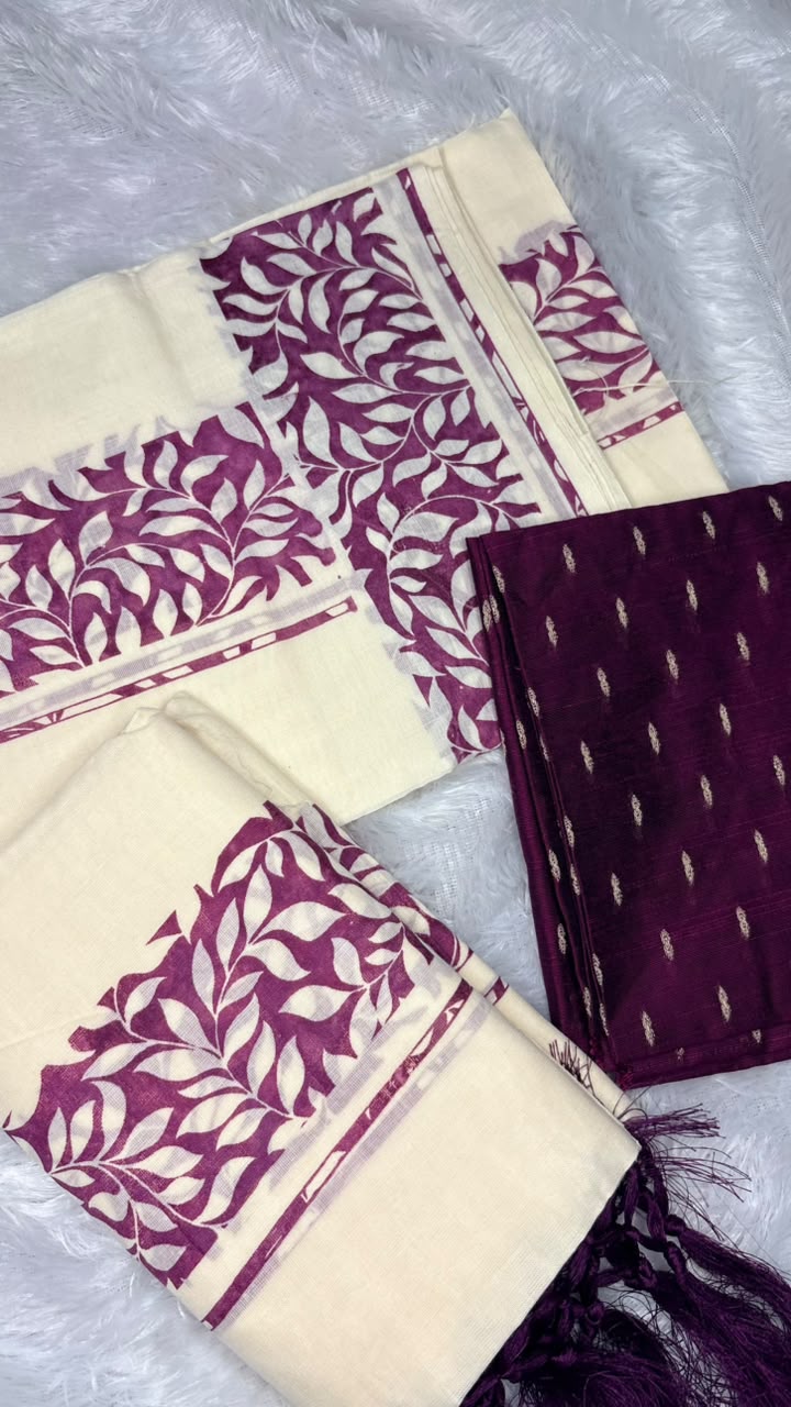 Samyuktha – Kerala Set Mundu with Purple Leaf Motif Border & Blouse