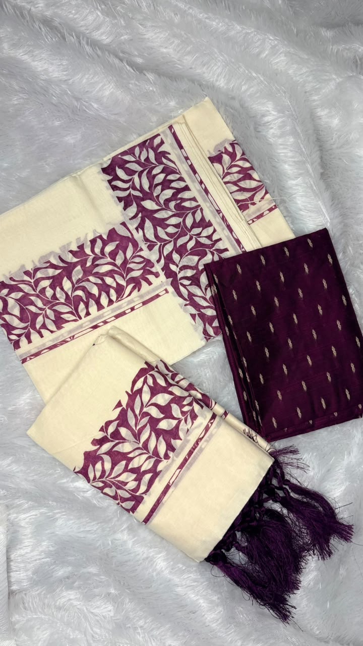 Samyuktha – Kerala Set Mundu with Purple Leaf Motif Border & Blouse