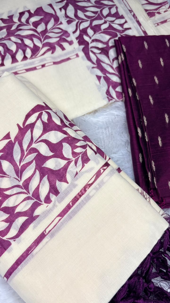 Samyuktha – Kerala Set Mundu with Purple Leaf Motif Border & Blouse