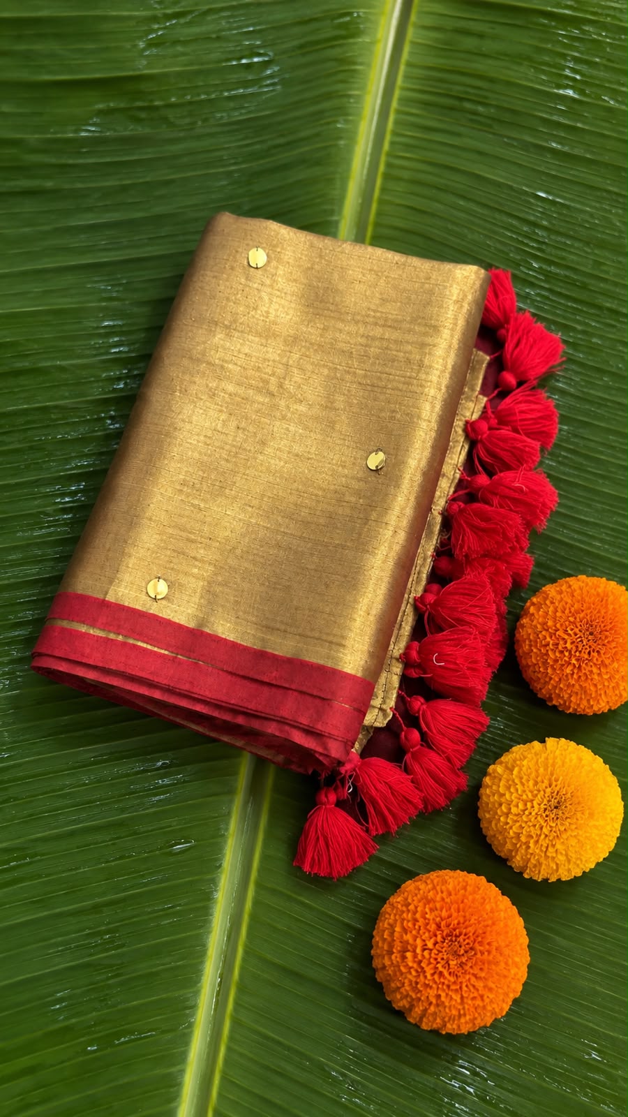 Swarnamukhi – Metallic Gold Tissue Saree with Red Piping & Gini Work