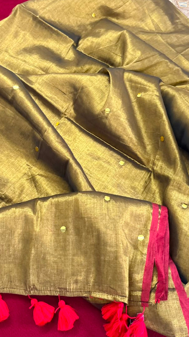 Swarnamukhi – Metallic Gold Tissue Saree with Red Piping & Gini Work