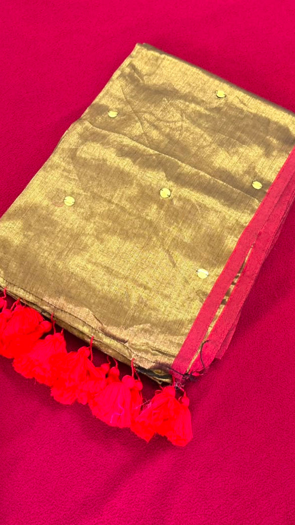 Swarnamukhi – Metallic Gold Tissue Saree with Red Piping & Gini Work