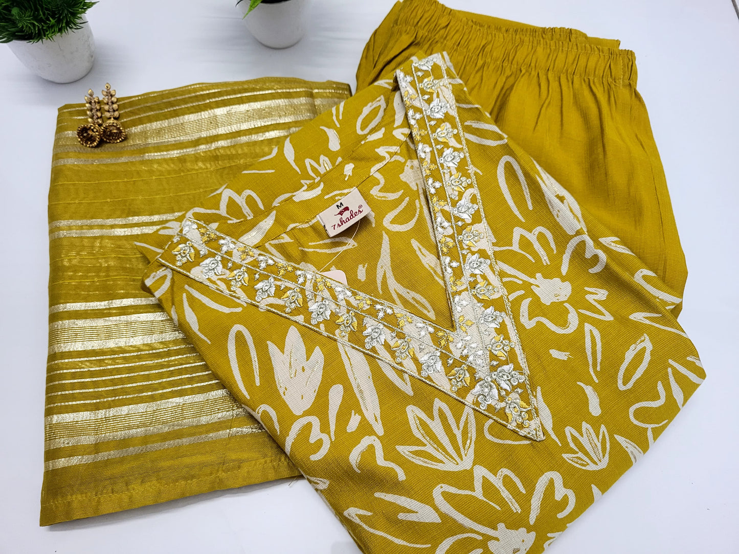 Mustart yellow V neck Straight Kurta with Pant and Dupatta