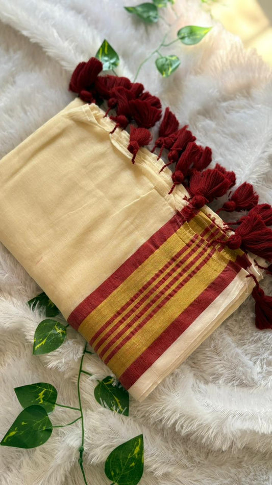 Mul Cotton Saree Maroon border with Zari border