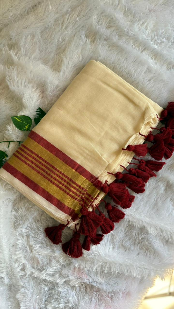 Mul Cotton Saree Maroon border with Zari border