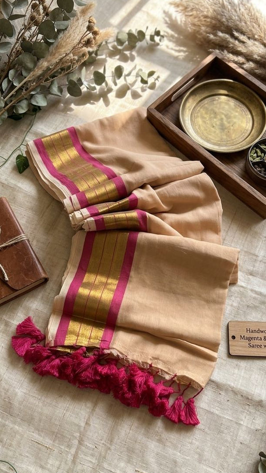 Mul Cotton Rani Pink Border with Beige body