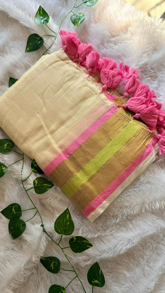 Pure Mul Cotton Pink Saree with Kasavu border