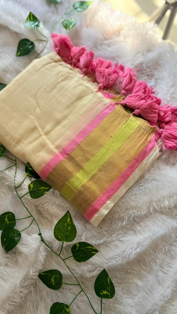 Pure Mul Cotton Pink Saree with Kasavu border