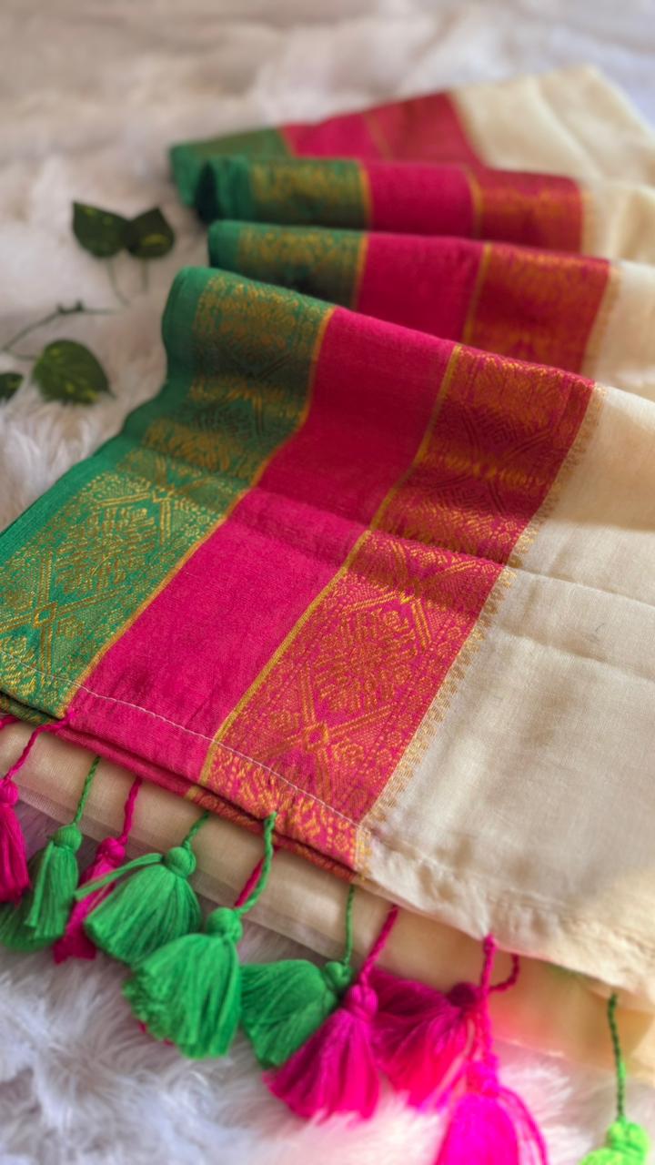 Premium Kanchi Mul Cotton Saree- Offwhite with Kanchi Borders
