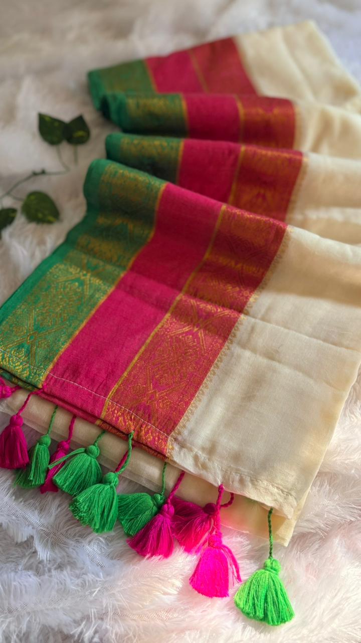 Premium Kanchi Mul Cotton Saree- Offwhite with Kanchi Borders