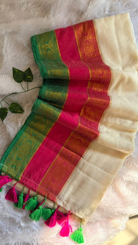 Premium Kanchi Mul Cotton Saree- Offwhite with Kanchi Borders