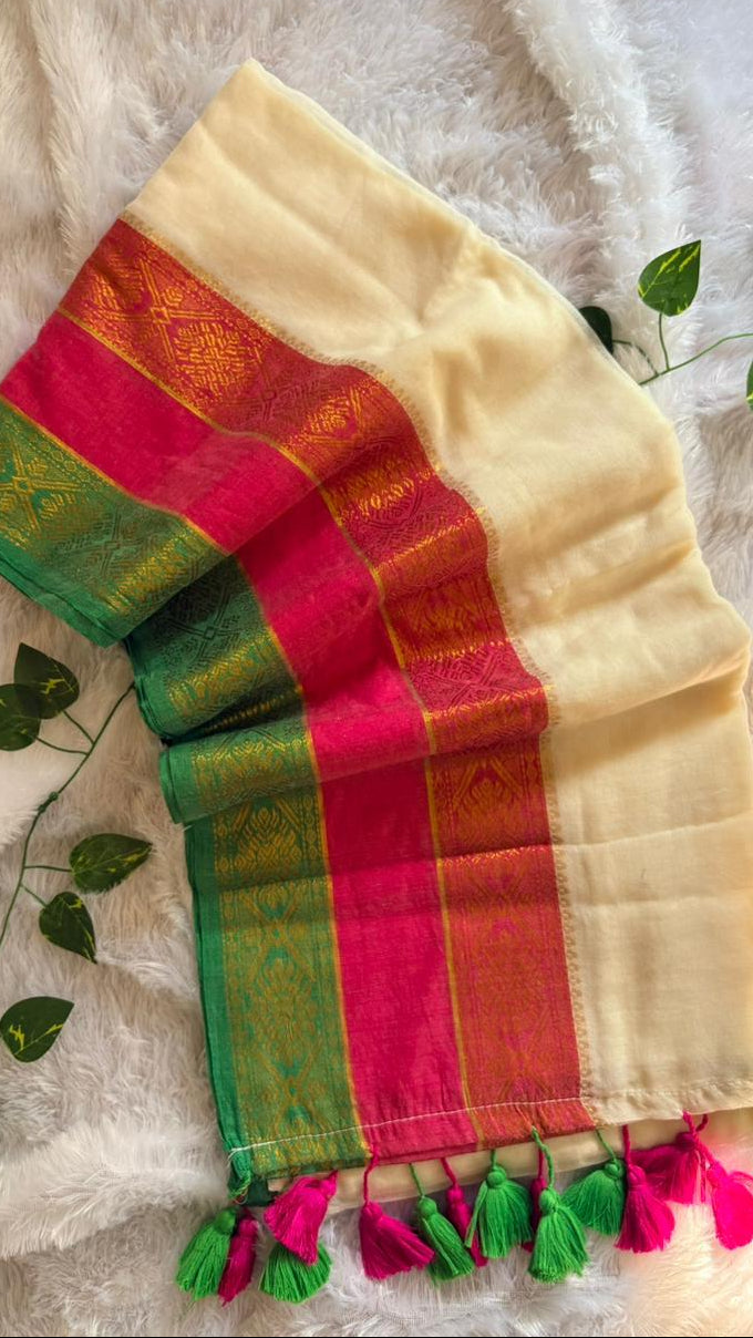 Premium Kanchi Mul Cotton Saree- Offwhite with Kanchi Borders