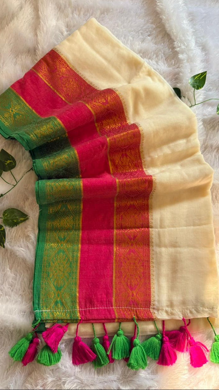 Premium Kanchi Mul Cotton Saree- Offwhite with Kanchi Borders