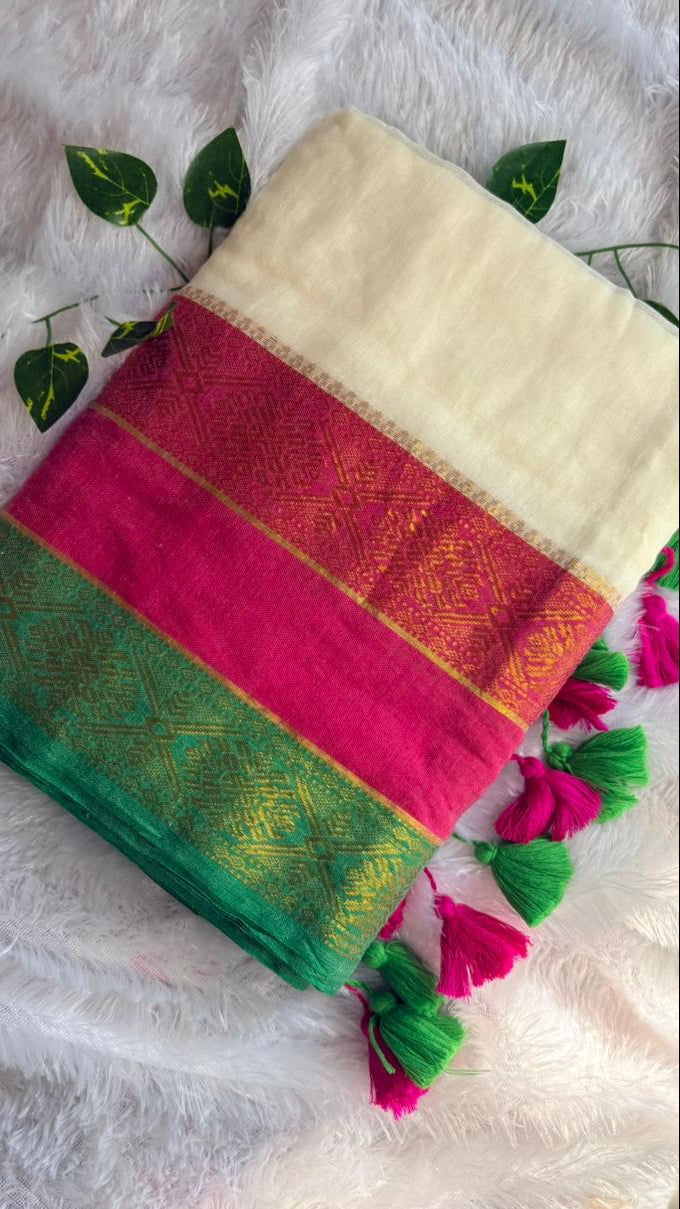 Premium Kanchi Mul Cotton Saree- Offwhite with Kanchi Borders