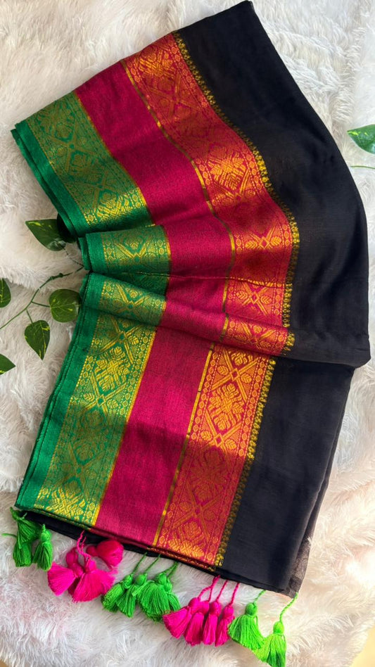 Premium Kanchi Mul Cotton Saree- Black with Kanchi borders