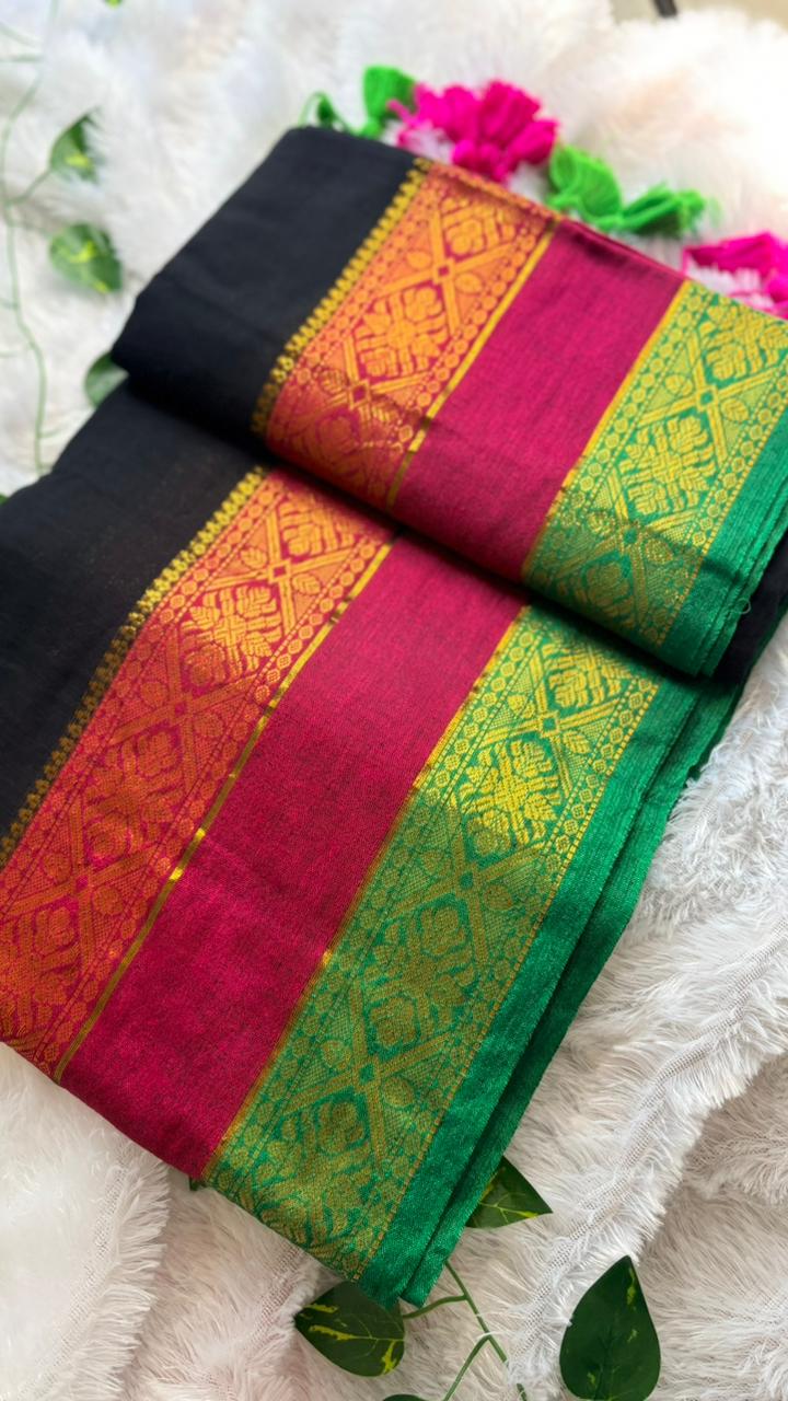 Premium Kanchi Mul Cotton Saree- Black with Kanchi borders