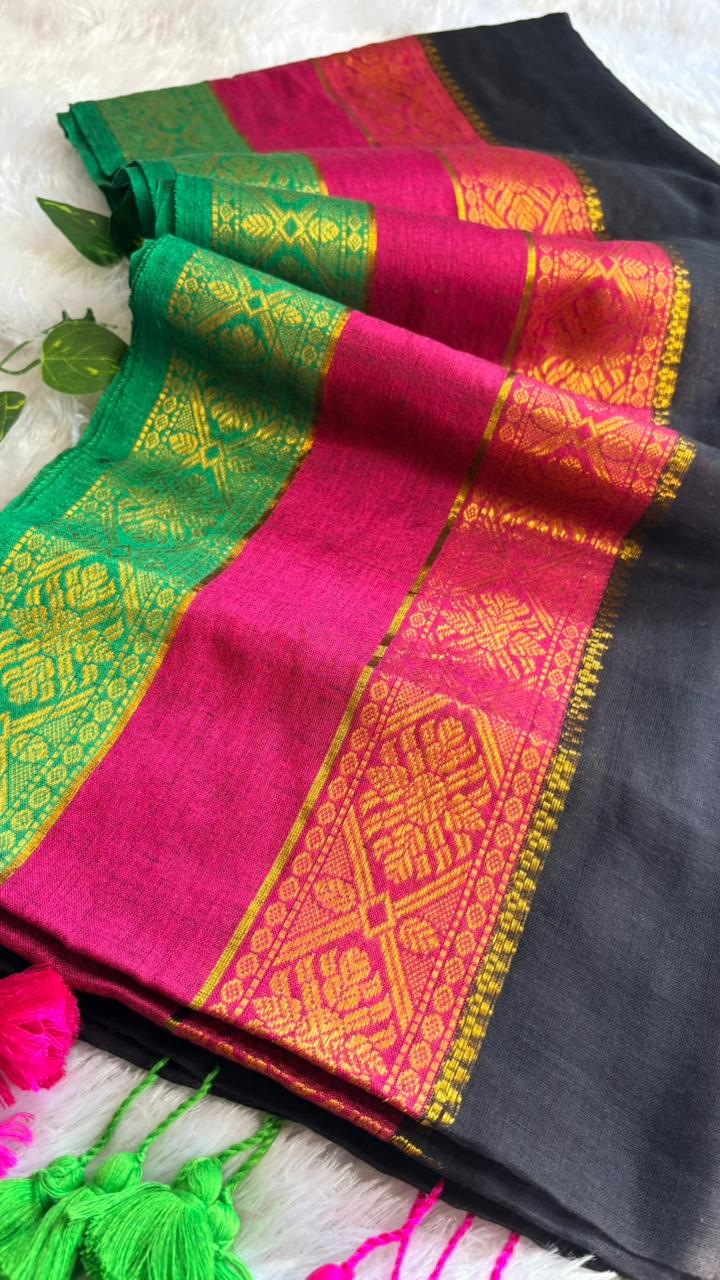 Premium Kanchi Mul Cotton Saree- Black with Kanchi borders