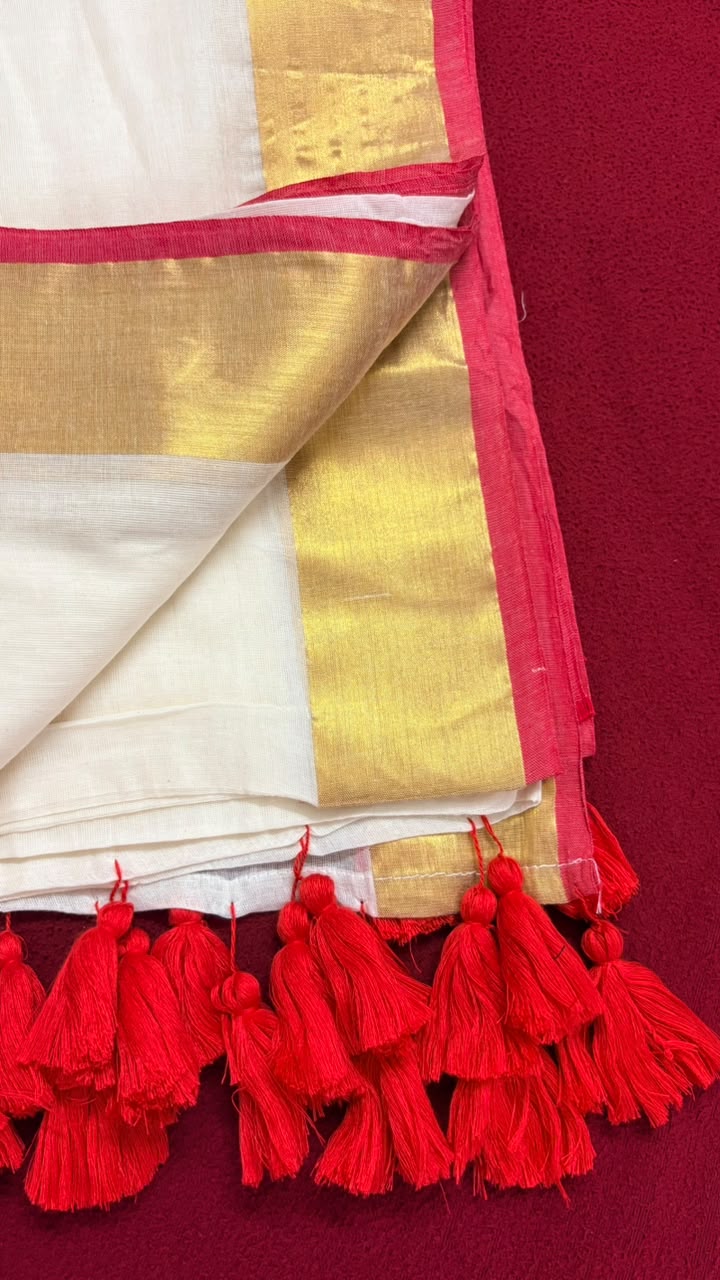 Chempakam – Off-White Mul Cotton Saree with Golden Zari & Red Border