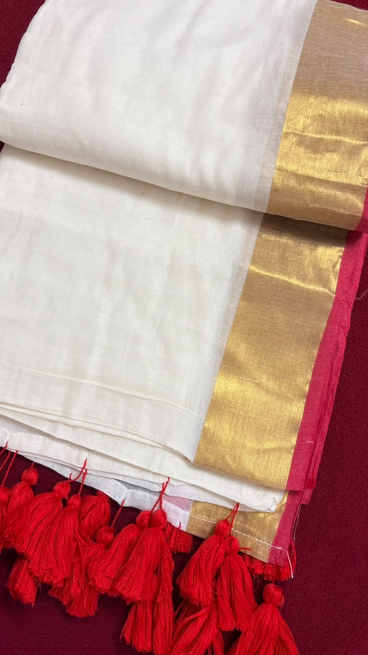 Chempakam – Off-White Mul Cotton Saree with Golden Zari & Red Border