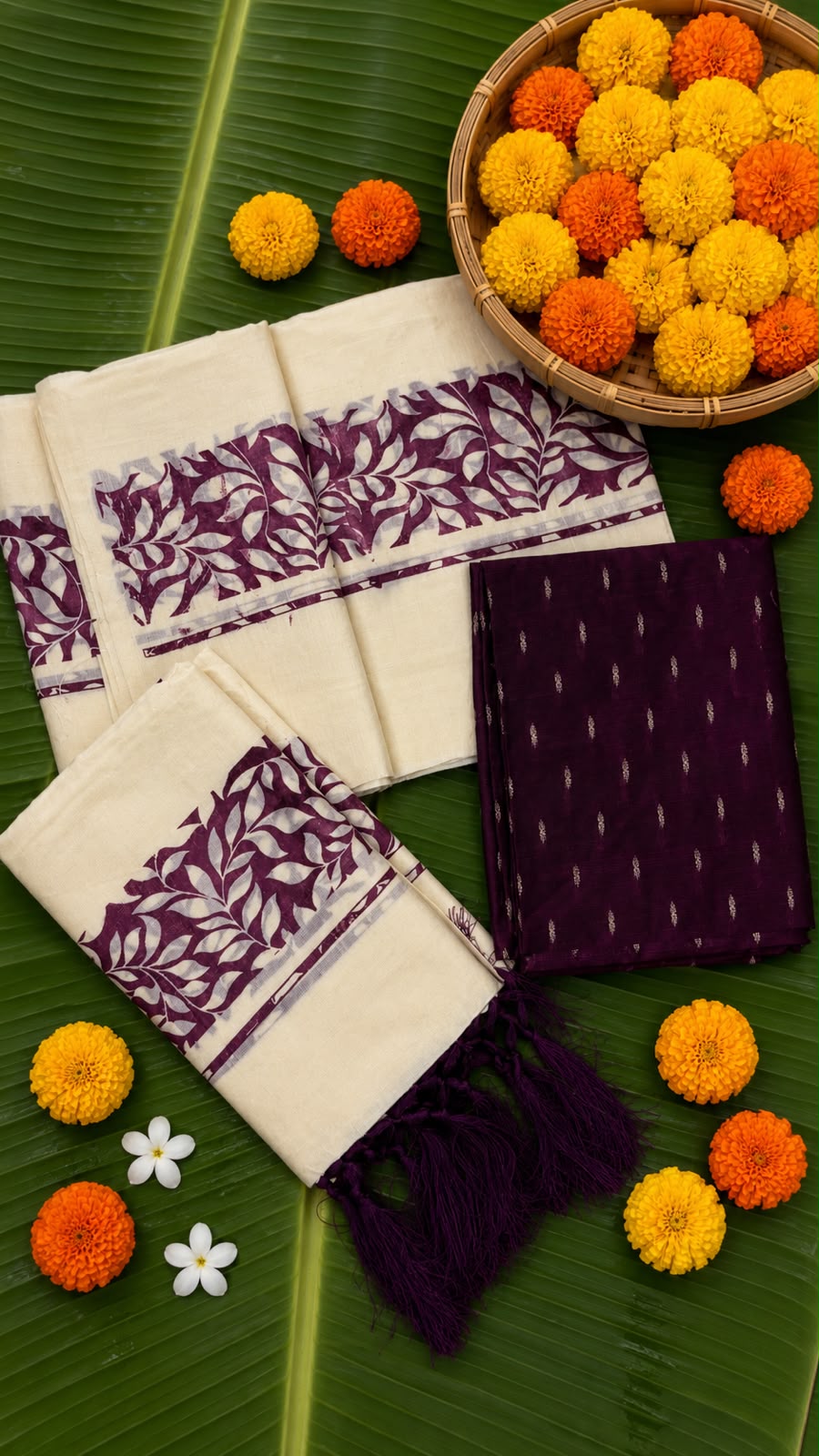 Samyuktha – Kerala Set Mundu with Purple Leaf Motif Border & Blouse